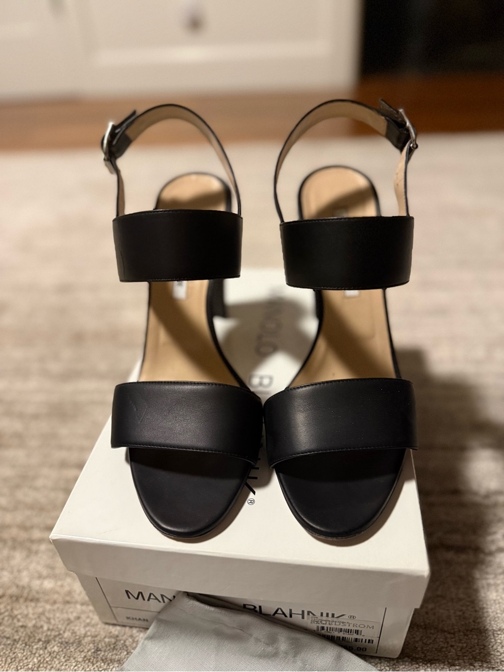 Manolo Blahnik Black Leather Two-Strap Block Heel Sandals